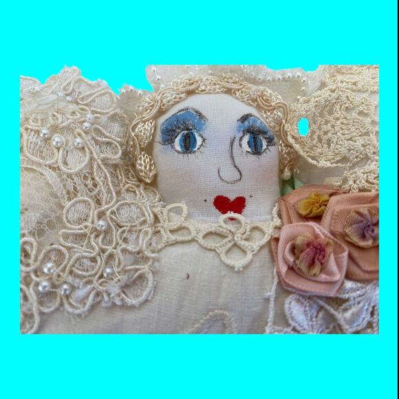 Vtg Handmade Hanging Doll Pin Cushion Crochet Doily Skirt Appliqués Ribbon 20x12 - Picture 3 of 10
